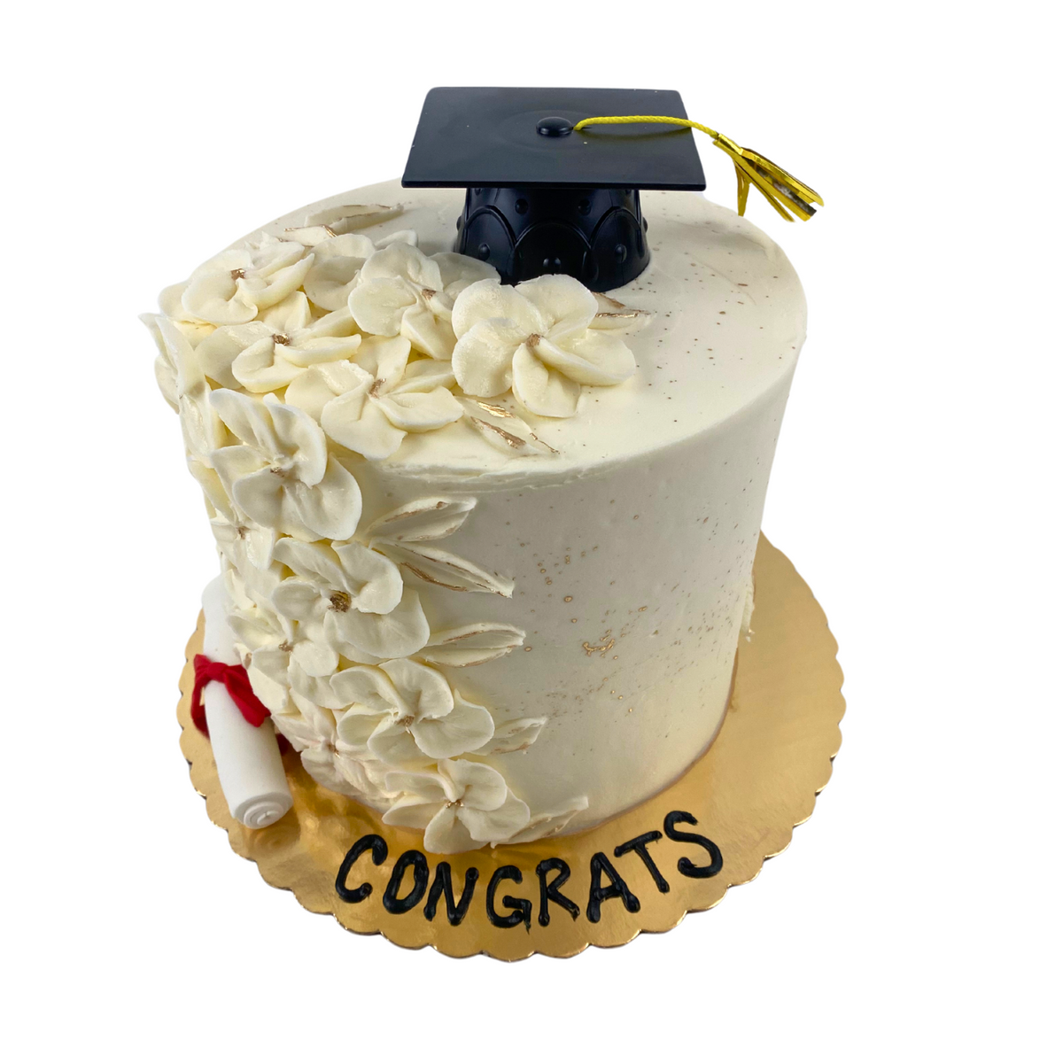 White & Gold Floral Graduation Cake